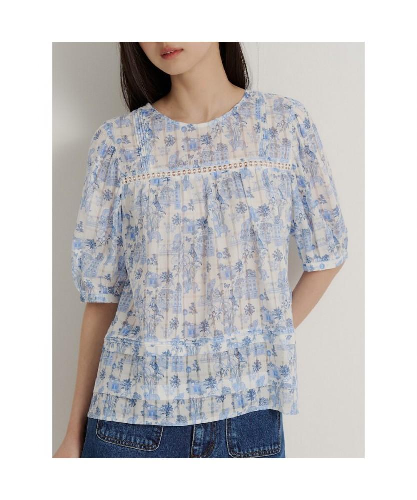 Binpolleidiseu [Daria Song] All-Over Short Sleeve Puff Blouse Sky Blue (Bf6565K51Q)