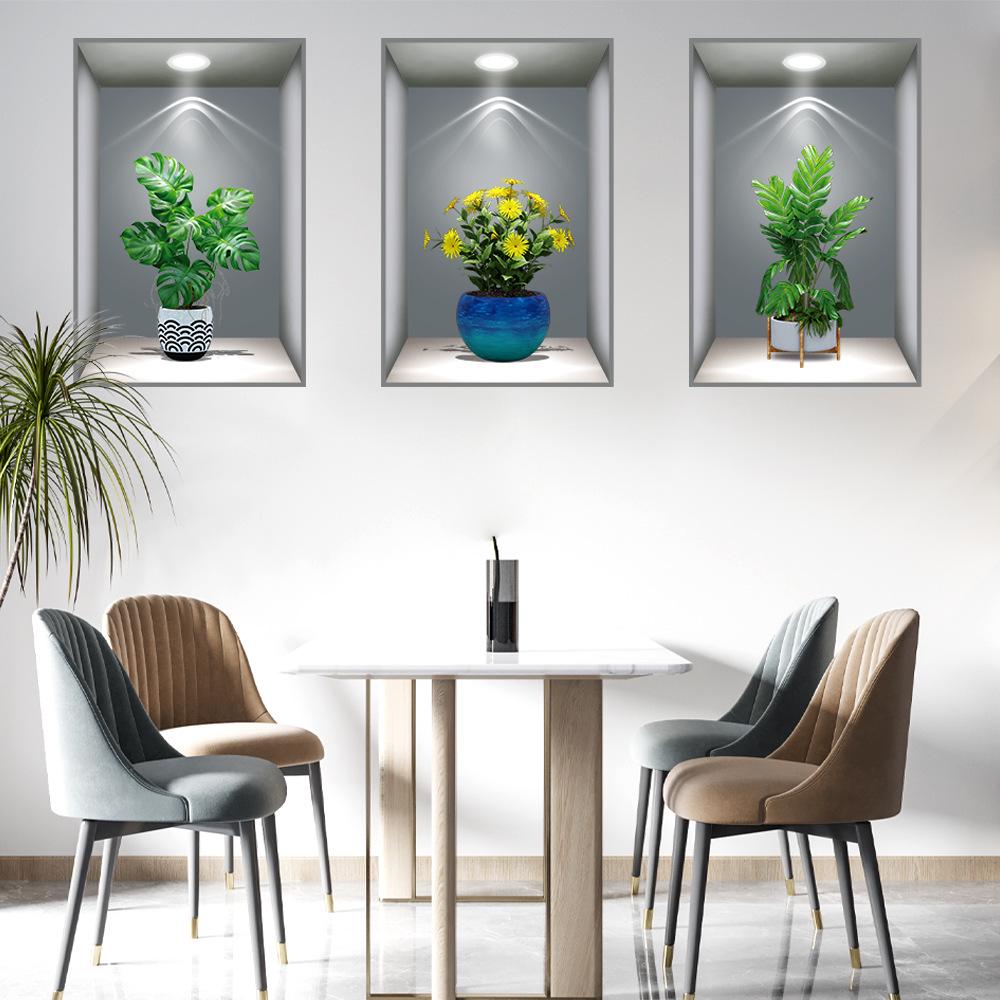 Wei Mo Xiang Green Plant Three-Panel Self-Adhesive Decorative Wall Sticker for Home & Hotel