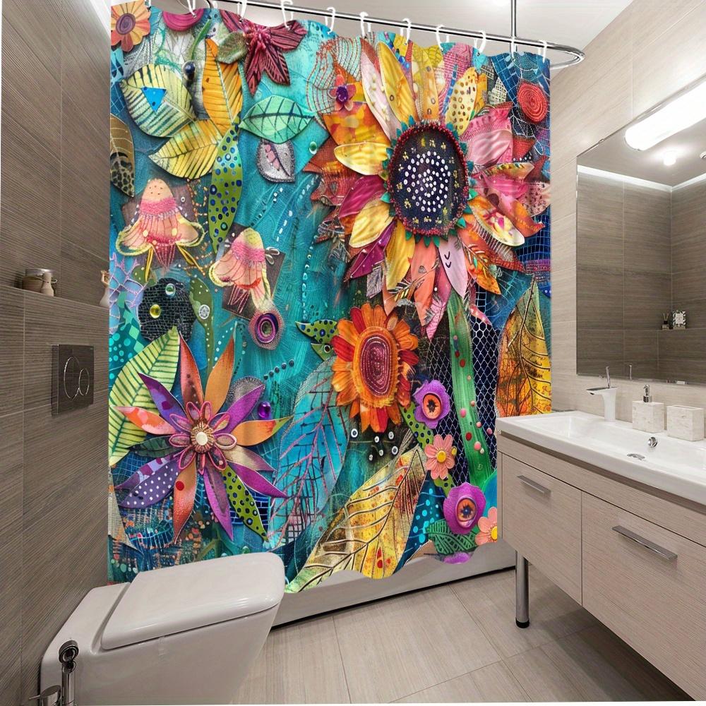 Vibrant Artistic Floral Shower Curtain -Waterproof,Mildew-Resistant With Colorful Leaf And Flower Design For A Creative Bathroom