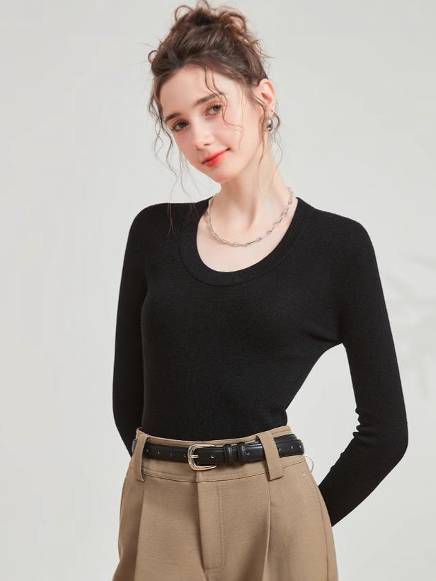 Mulberry Silk & Wool Slim-fit Long-sleeve Knit Top - Women's Versatile Early Autumn Style