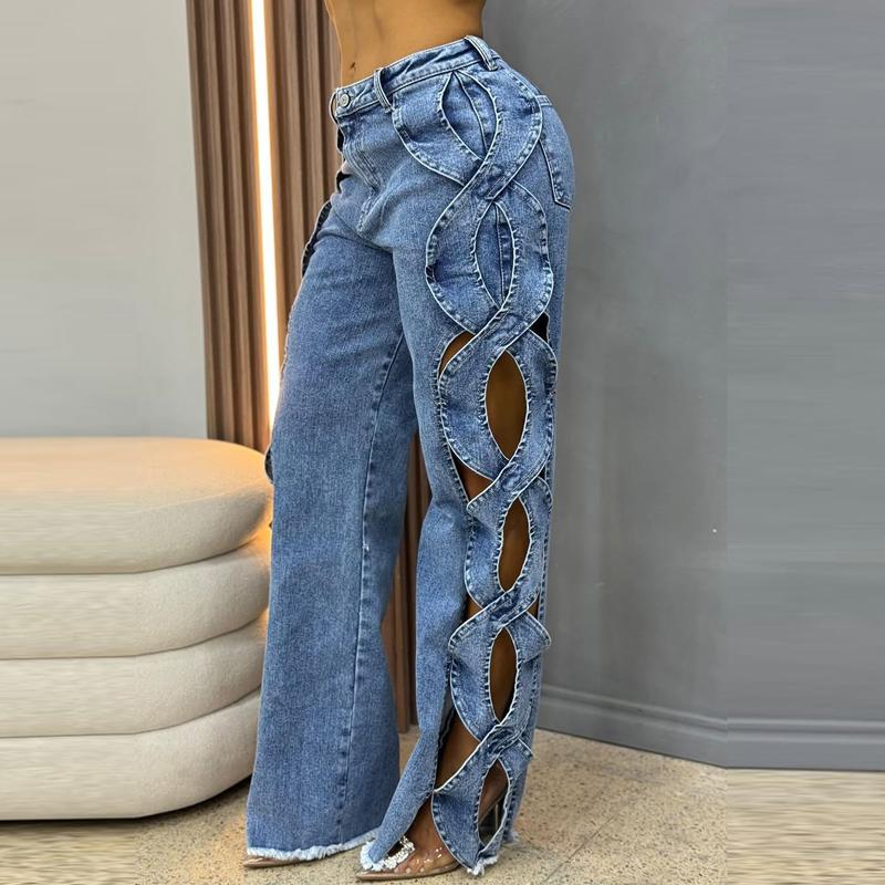 Women Streetwear Cutout Hollow Out Criss Cross Side Wide Leg Blue Denim Pants 2026 Fashion Sexy Party Jeans Trousers