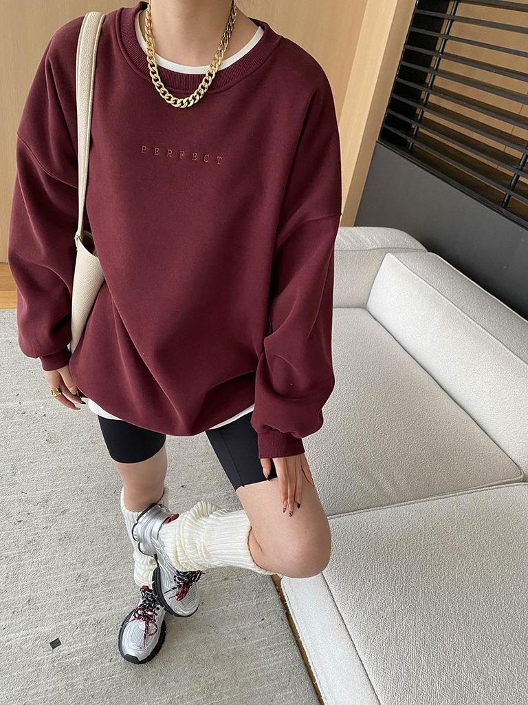 Sinan Holiday Blogger Style Embroidered Round Neck Drop Shoulder Plus Velvet Sweater SN6840