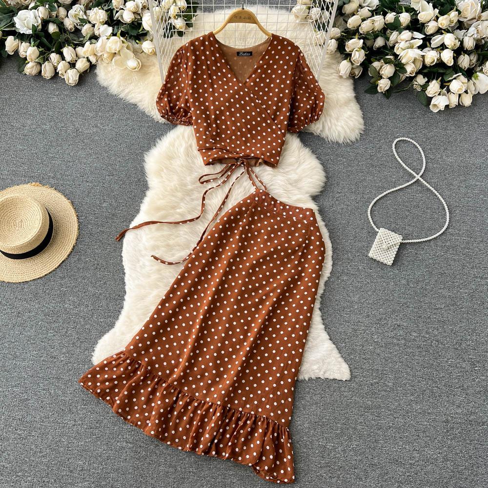 Women Polka Dot Two Piece Set Summer Short Drawstring Tops + High Waist Long Skirt 2pcs Suit Outfits Red Purple Black