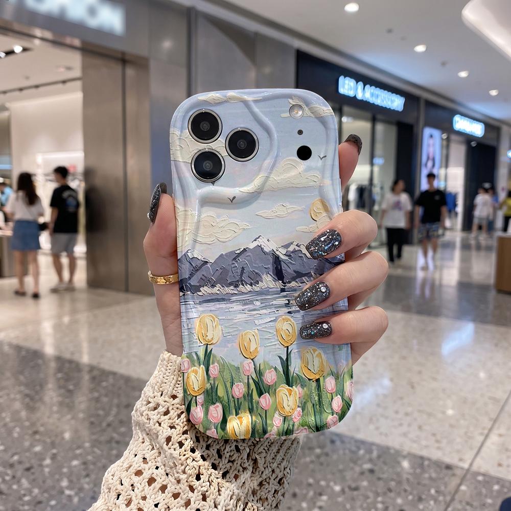 Oil Painting Mountain Tulip Lake Scenery Wavy Edge Phone Case For iPhone 17 16 15 14 13 12 11 8 7 Plus Pro Max Soft Cover
