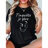 Plus Size, T'inquiete Je Gere Graphic Print Plus Size Women's T-shirt, Short Sleeve Crew Neck Casual Top for Summer & Spring, Women's Clothing