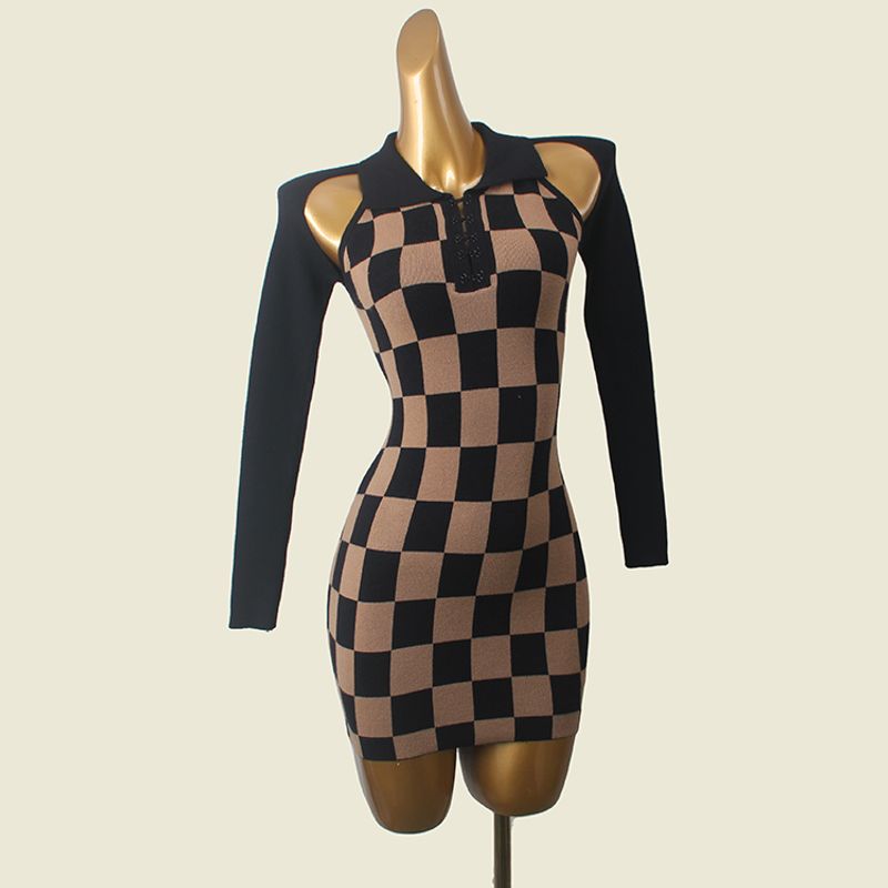 

French Style Retro Chessboard Plaid Lapel Bodycon Dress Sexy Collarbone Color Matching Long Sleeves Knitting Sexy Jumpsuit Skirt Black S