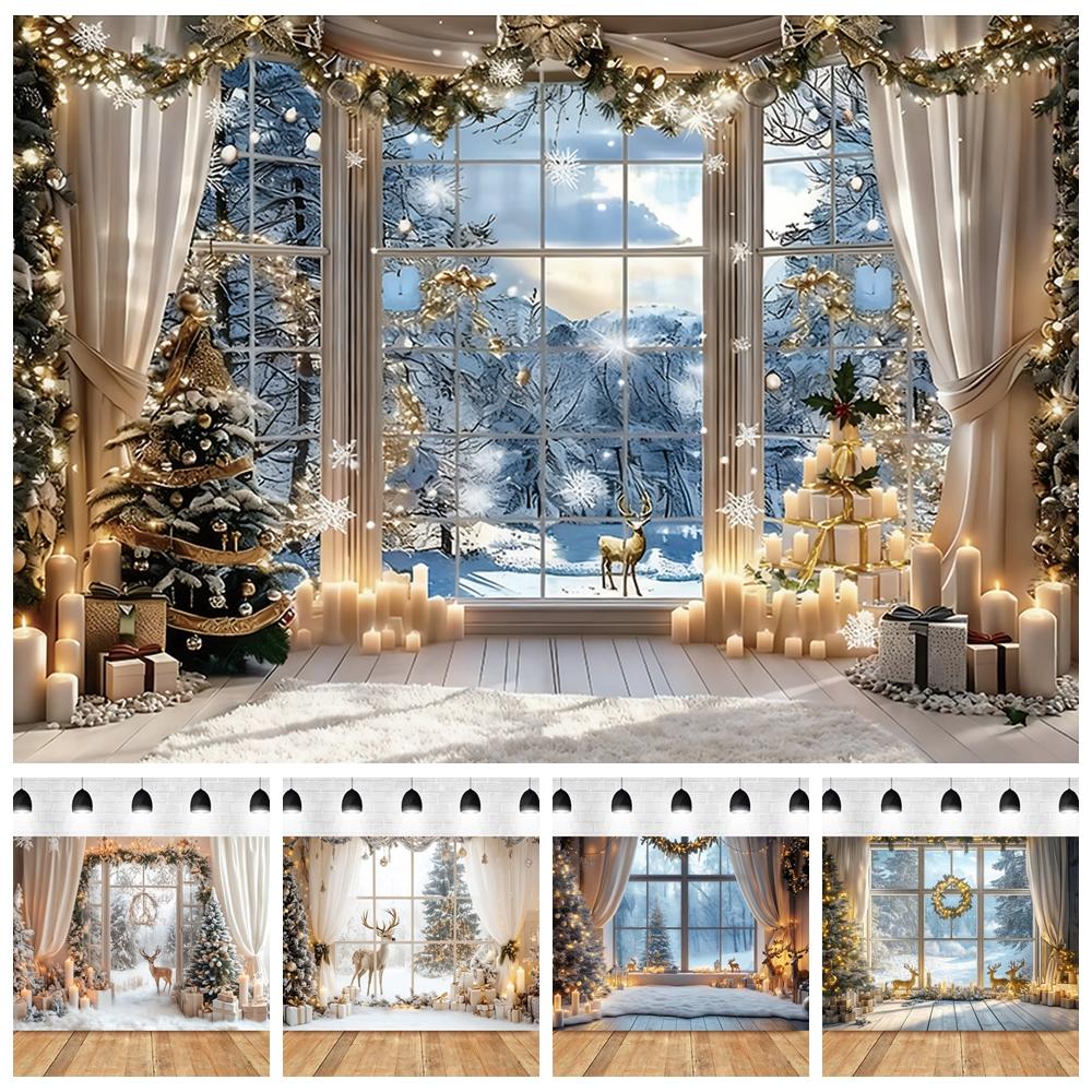 Christmas Elk Decoration 2025 Backgrounds For Photographs Window Curtains Christmas Tree Gift Box Family Party Portrait Backdrop