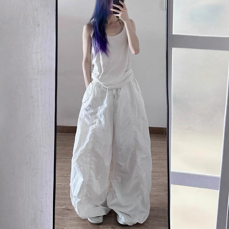 Womens White Loose Fit Cargo Pants Thin Quick Dry Nylon Streetwear Joggers Jazz Dance
