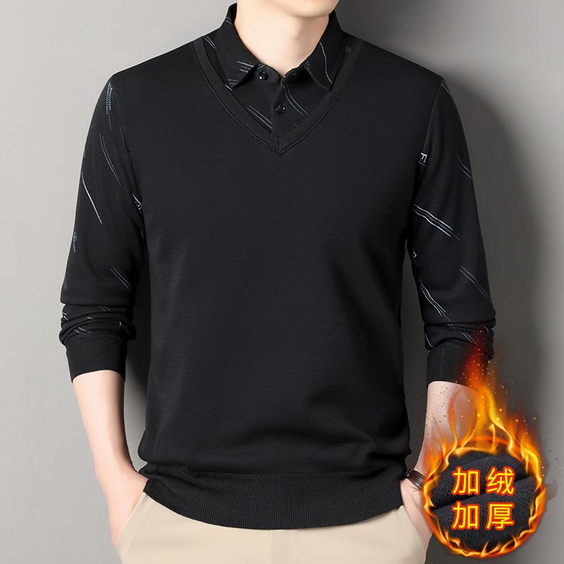New Autumn and Winter Men's Sweater Thickened Fake Two-piece Sweater Warm Shirt Collar Casual Versatile Base Shirt Sweater