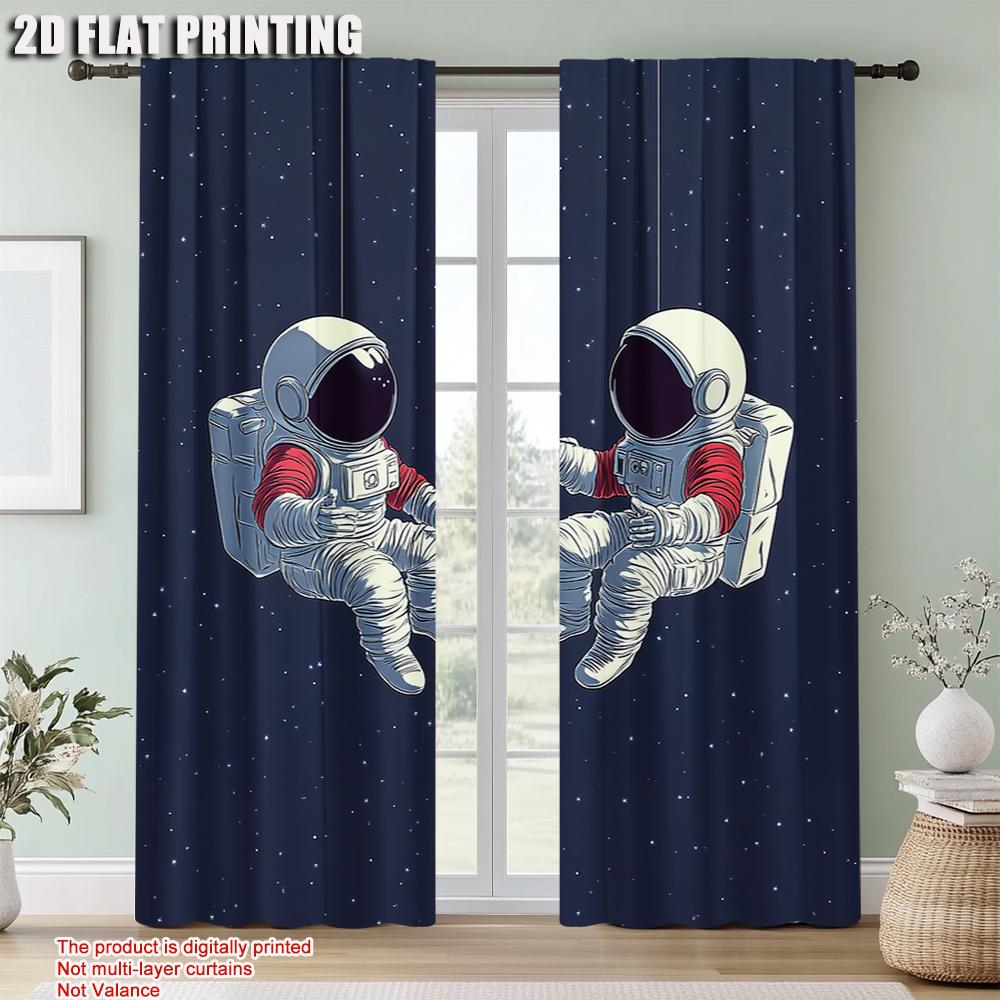 2Pcs Modern Space Astronaut Blackout Curtains Deep Blue Starry Sky Cartoon Spaceman Print Drapes For Bedroom Study Living