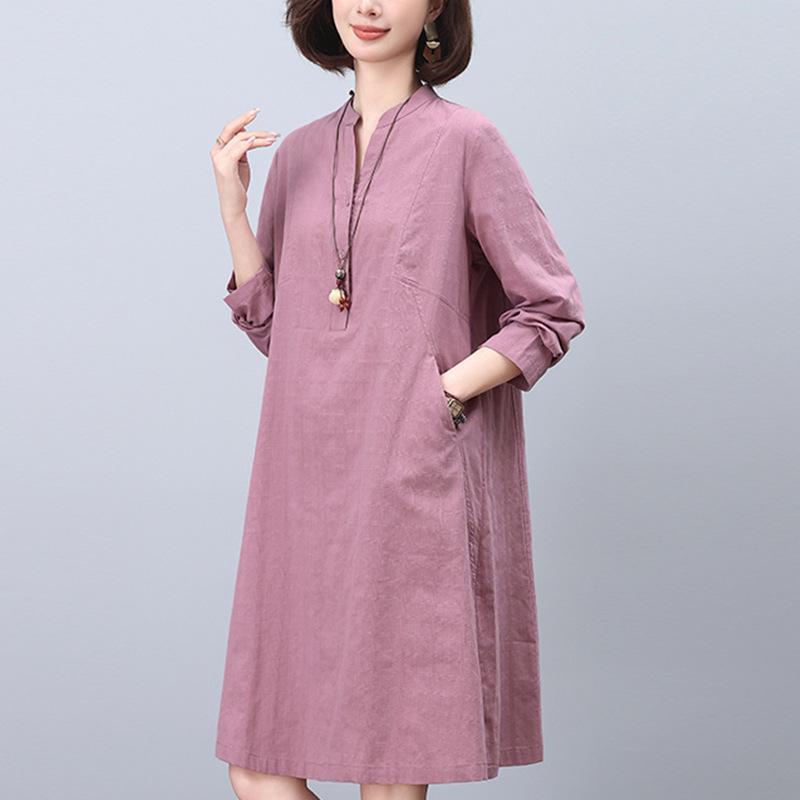 2024 Casual Loose-Fit Pure Cotton Dress for Middle-Aged Women: Long-Sleeved, Belly-Covering, Age-Reducing for Spring and Autumn