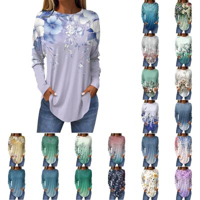 Women's Loose Round Neck Print Long Sleeve T-Shirt Top Pullover