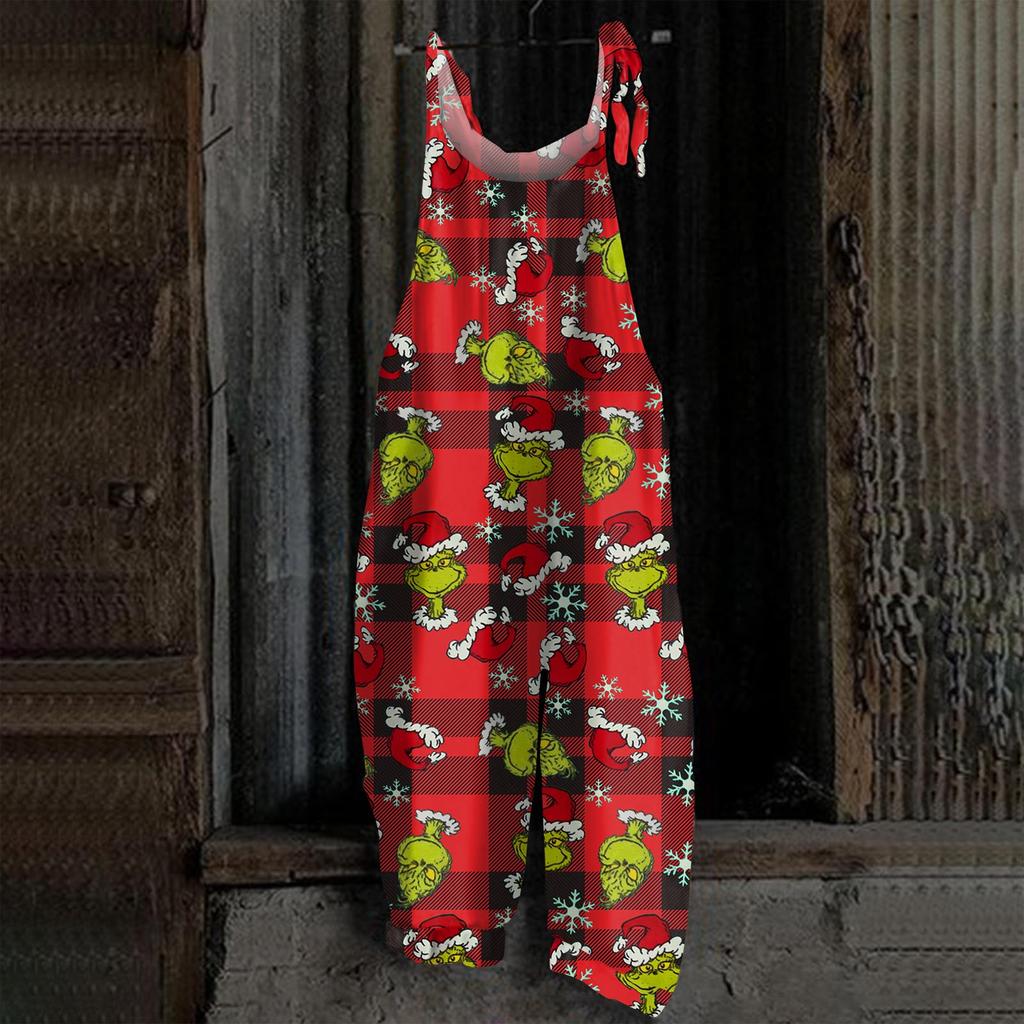 Damski kombinezon z nadrukiem Halloweenowym, casualowy, luźny, vintage, na ramiączkach, bawełniano-lniany