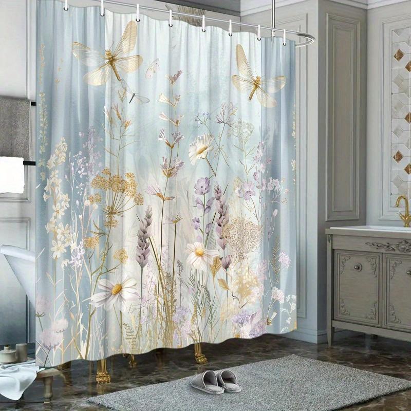 

1pc Pastel Garden Dragonflies & Lavender Daisies Shower Curtain - Polyester, Washable, 12 Hooks, Elegant Floral Design W90XH180cm