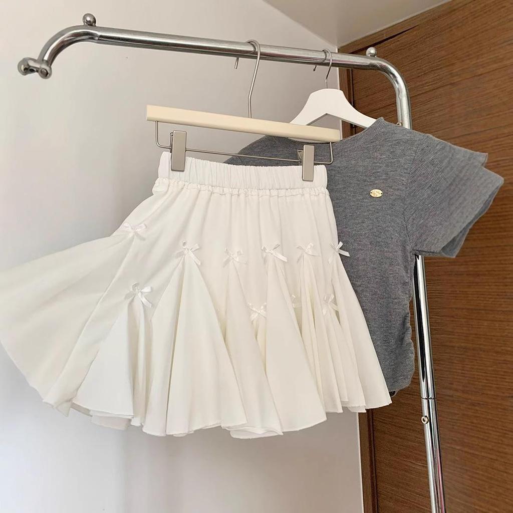 Women's Summer A-Line Midi Skirt: Bowknot White Floral Ballet-Style, High Waist Fluffy Slimming Skirt