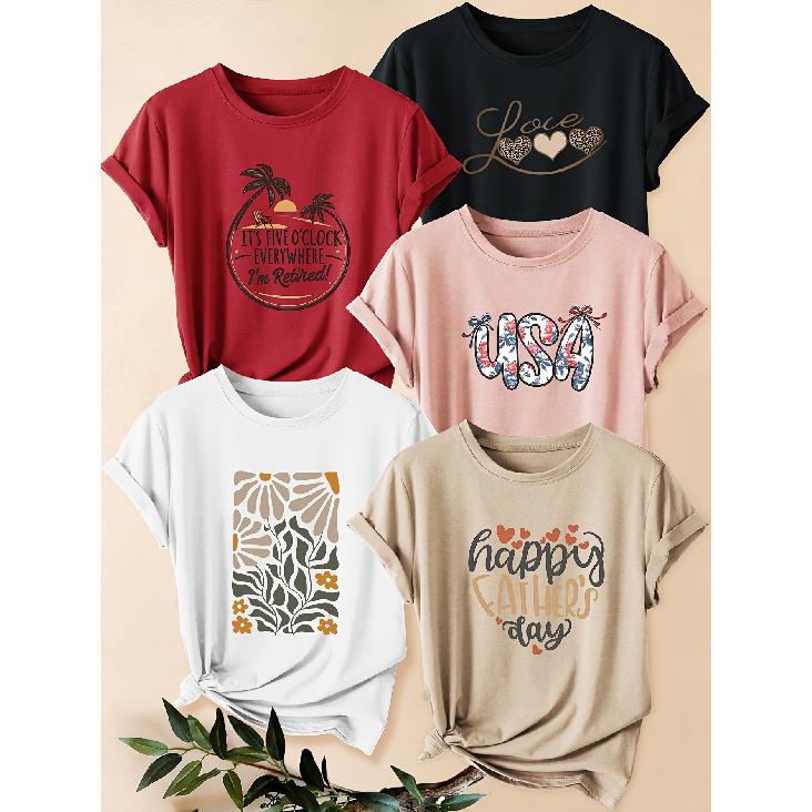 Five-piece set of women's short-sleeve shirts with letter and plant prints happy father day Coconut Tree Abstract Floral Print Round Neck Summer