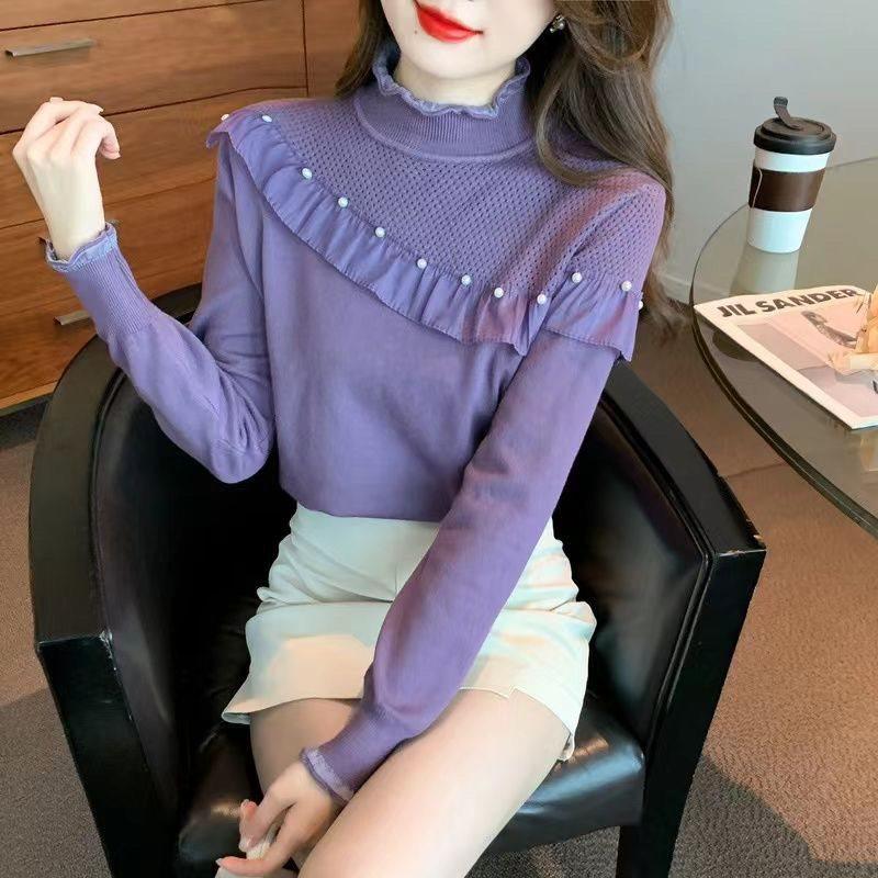 Women's Autumn/Winter Beaded Patchwork Long Sleeve Semi-High Neck Knitted Top