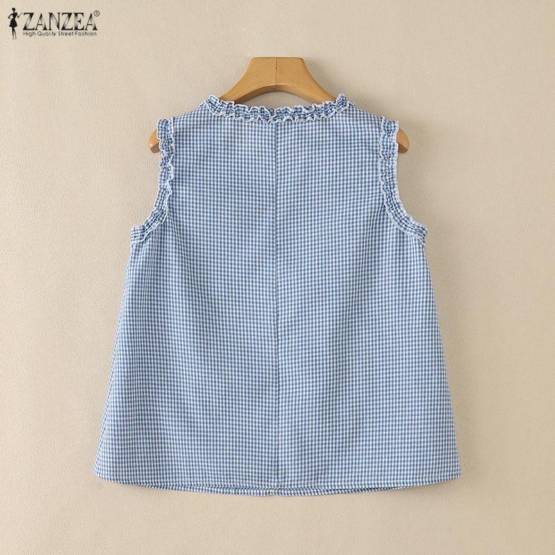 ZANZEA Canottiere Casual da Donna con Scollo a V, Stampa a Quadri, Vestibilità Larga, Senza Maniche
