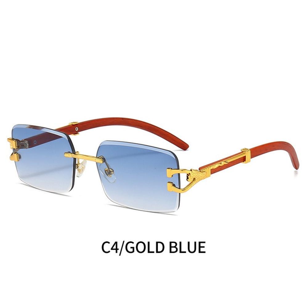 Gafas de Sol Cuadradas Vintage Sin Montura Mujer Hombre Lujo Populares Viaje Conducir Metal Cabeza de Leopardo Gafas de Sol UV400