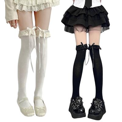 Cute Lace Ruffle Trim Frilly Over The Knee Long Socks for Women JK Girl Student Sweet Ribbon Bowknot Thigh High Stocking