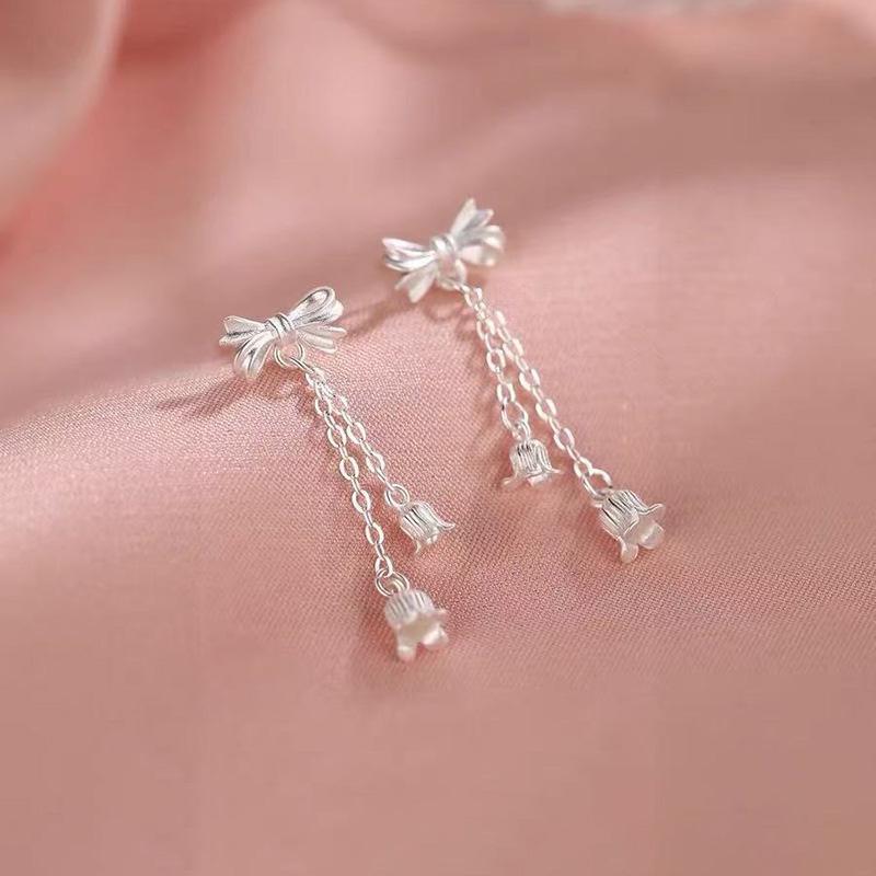 Real 925 Silver Bowknot Flower Tassel Plant Stud Earrings For Women Party Classic Fine Jewelry Light Luxury Accessories
