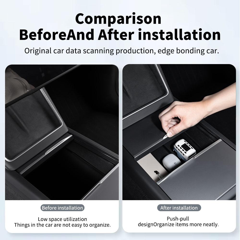 YZ For Tesla Highland Model 3 Y Juniper Hidden Storage Center Console Armrest Front and Rear Layered Grid ABS Organized Flocking