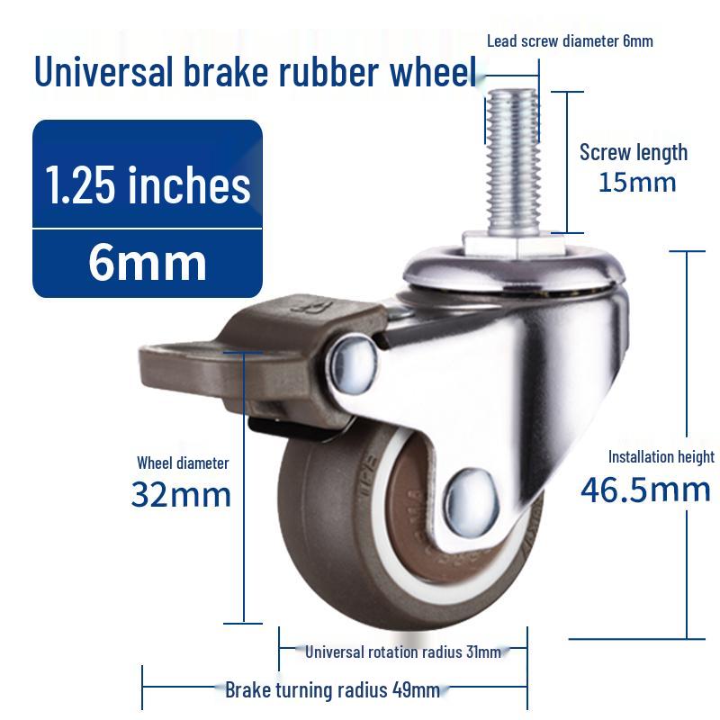 Rueda giratoria de goma universal con freno y rodamiento silencioso - Rosca M6/M8/M10/M12, Rodillo blando