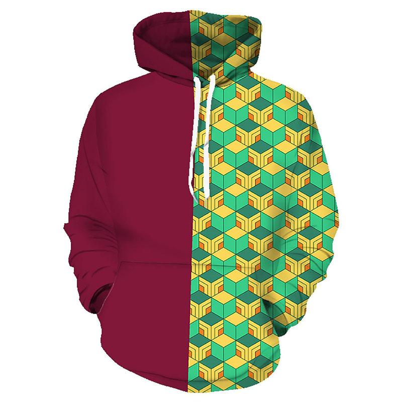 Men's 3D Printed Anime Character Hoodie Universal Green Black Plaid Kamado Tanjirou Pullover Casual 3xl Long Sleeve Sweatshirt