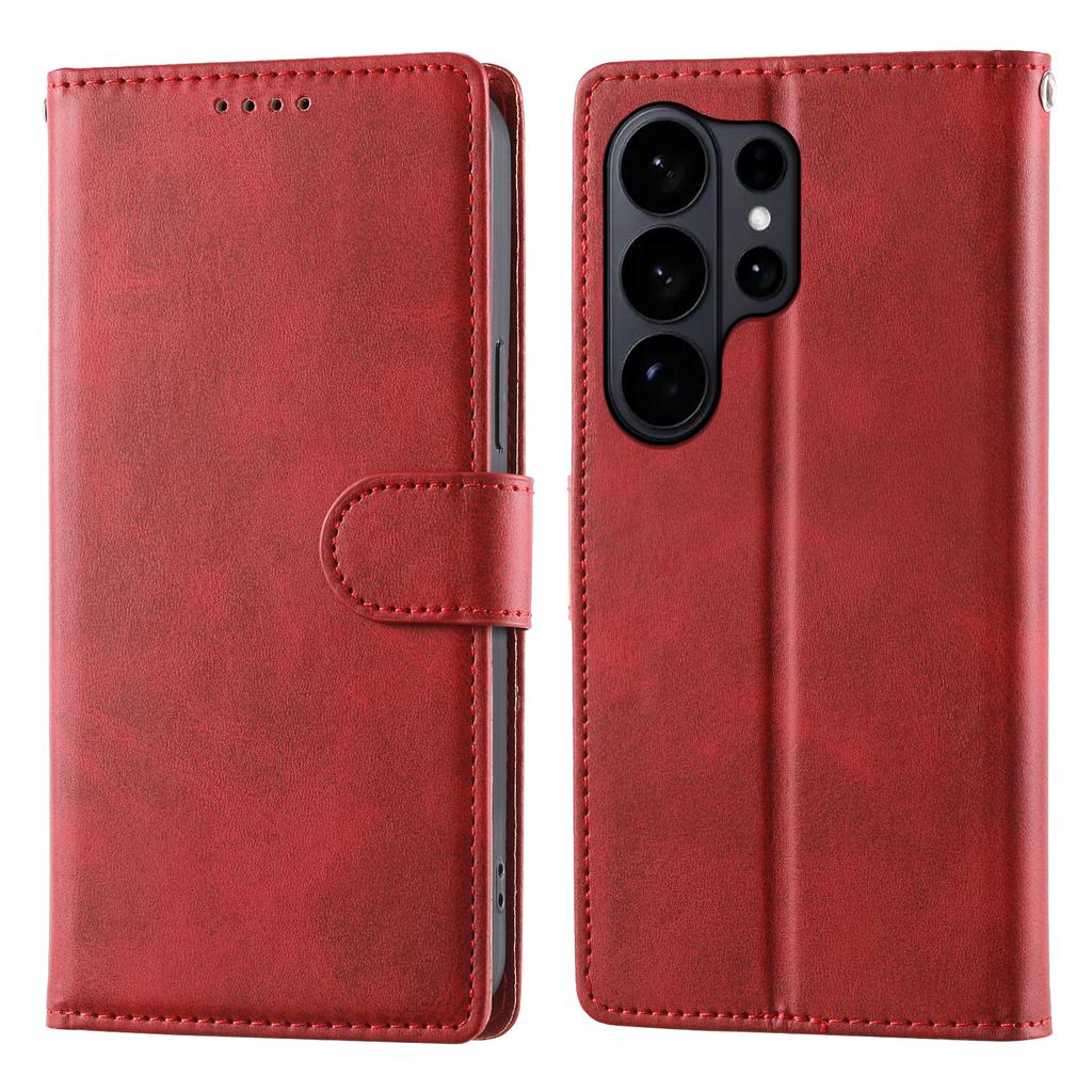 For Samsung Galaxy S26 Ultra Case Stand Wallet Calf Texture PU Leather Flip Phone Cover with Wrist Strap