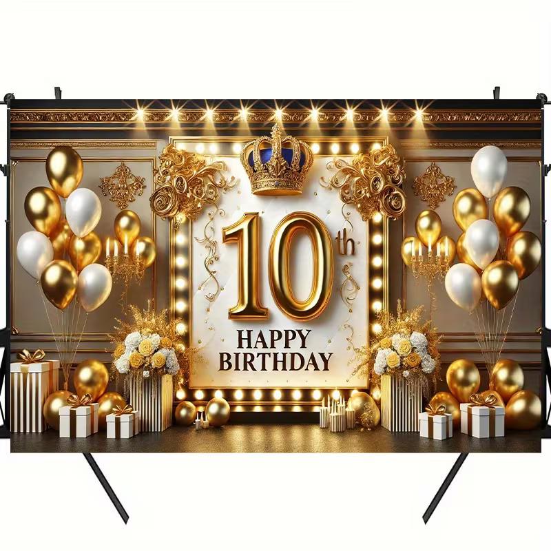 2D Schwarz Gold 10. Geburtstag Kulisse mit Kronenlichtern und Ballons Fotoautomaten Banner