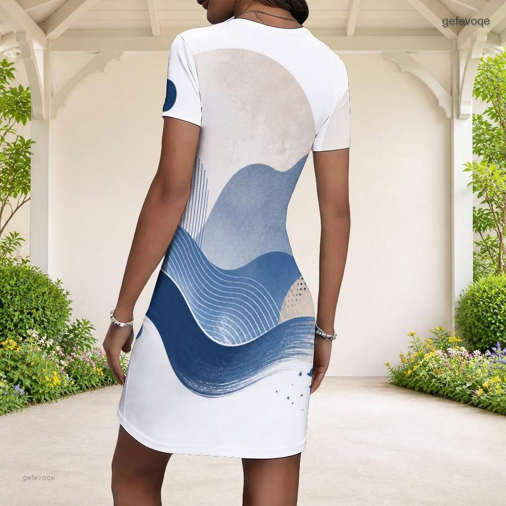 Women Plus Size Round Neck Short Sleeve Blue White Abstract Printed Fitted Mini Dress