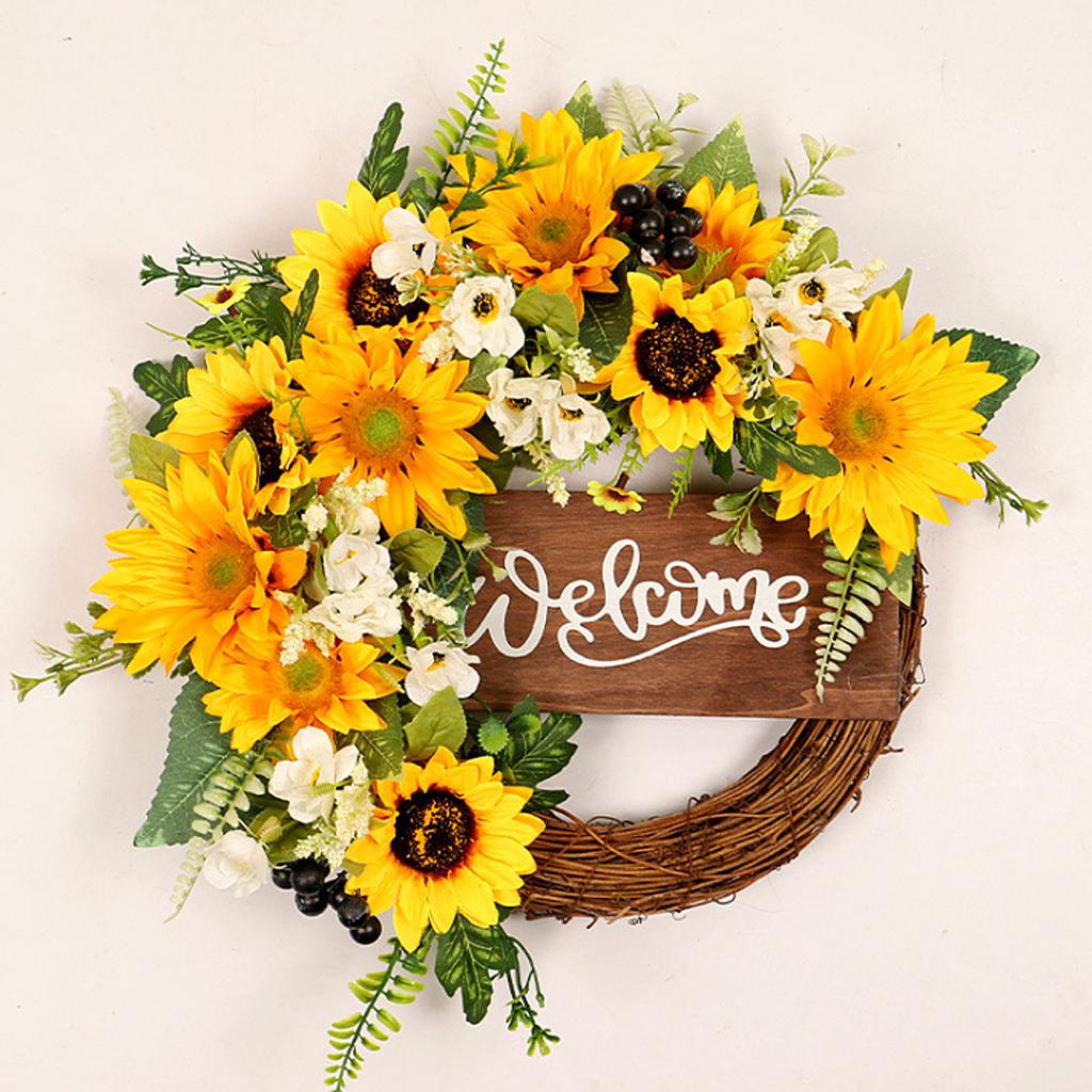40cm Sunflower Wreath Lifelike Exquisite Decorative Artificial Sunflower Wreath for Front Door