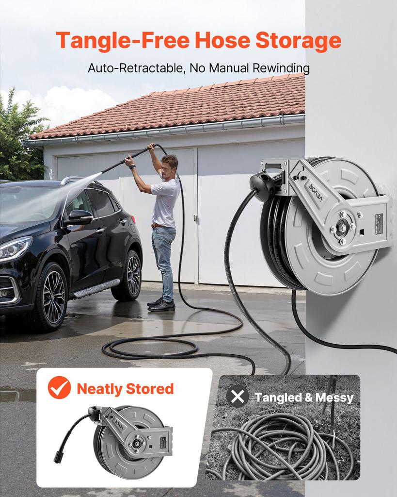VEVOR Pressure Washer Hose Reel, 19.8 m x 6.4 mm Retractable Power Heavy-Duty Steel Washer Hose Reel, 3200PSI Max, Auto-Rewinding