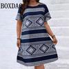 Übergröße Damen Kurzarm Rundhals Locker Kleid Mode Lässig Geometrisch Ethnisch Muster Druck Retro Sommerkleid 2026 Neu