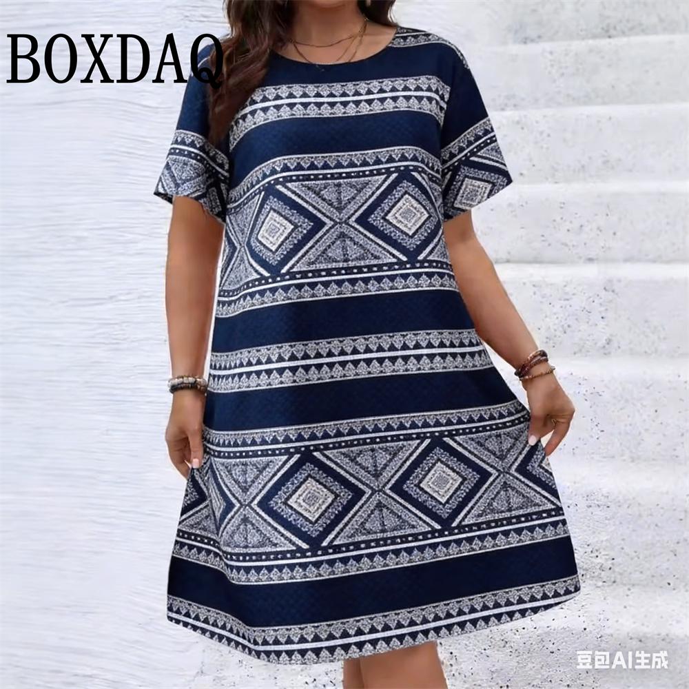 Plus Size Women s Short-Sleeved Round-Neck Loose Dress Fashion Casual Geometric Ethnic Pattern Print Retro Summer Dress 2026 New S