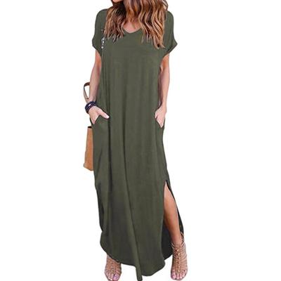 Dress Casual Beach Dress With Loose Solid V-Neck Slit Pockets Short Sleeves And Long Length