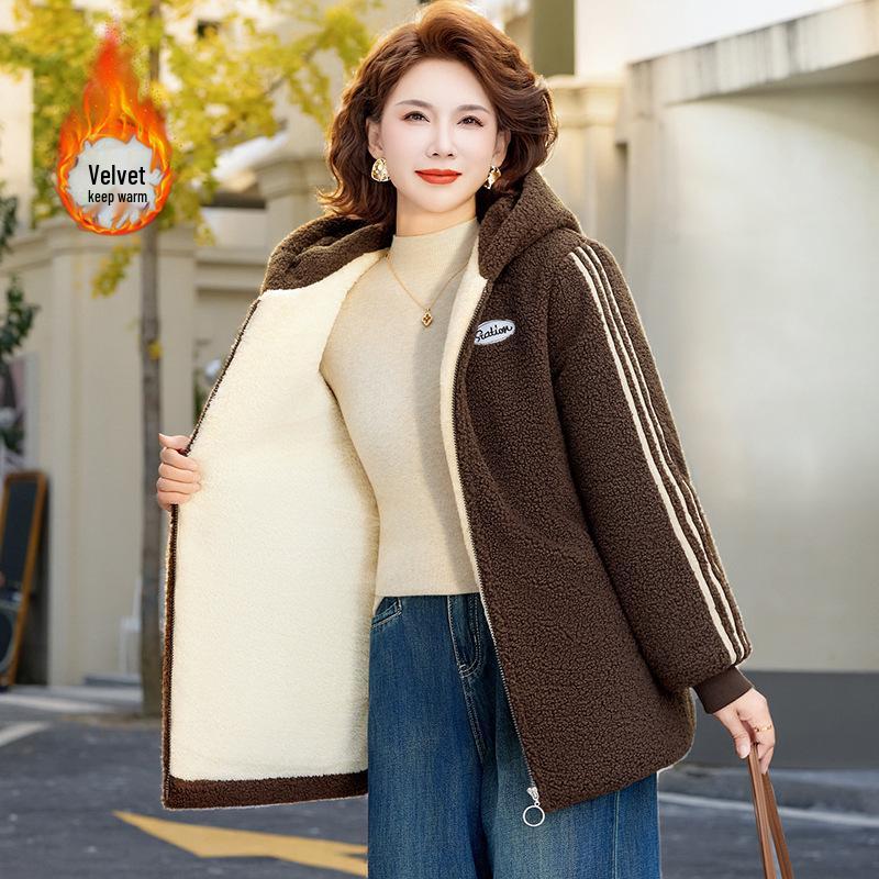 

Mom s Thickened Lambswool Coat: Mid-Length Fleece-Lined Cotton Jacket for Middle-Aged & Elderly Women XL (up to 52.5 kg) кофейный
