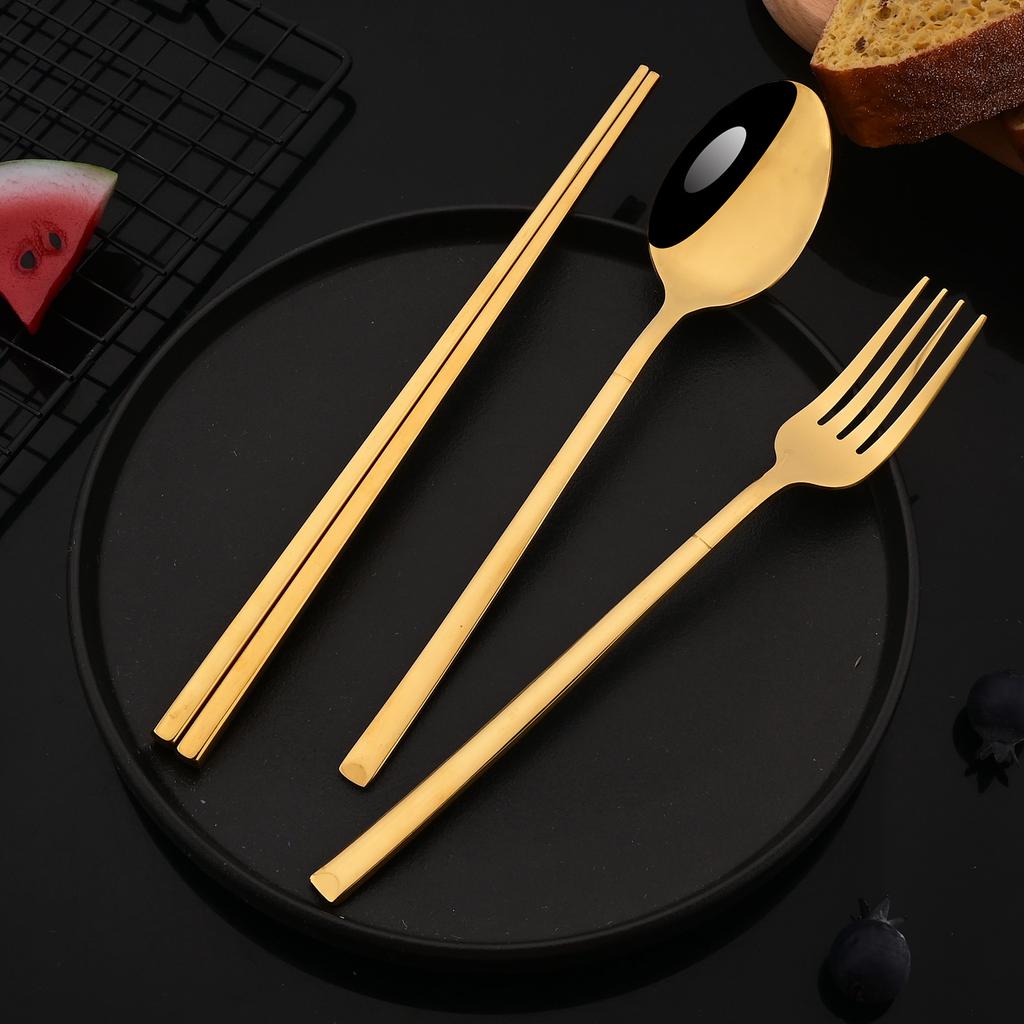 Gold Stainless Steel Cutlery Set Sushi Sticks Dinner Spoons Set 8Pcs Dinnerware Korean Chopsticks Dessert Spoon Flatware Set