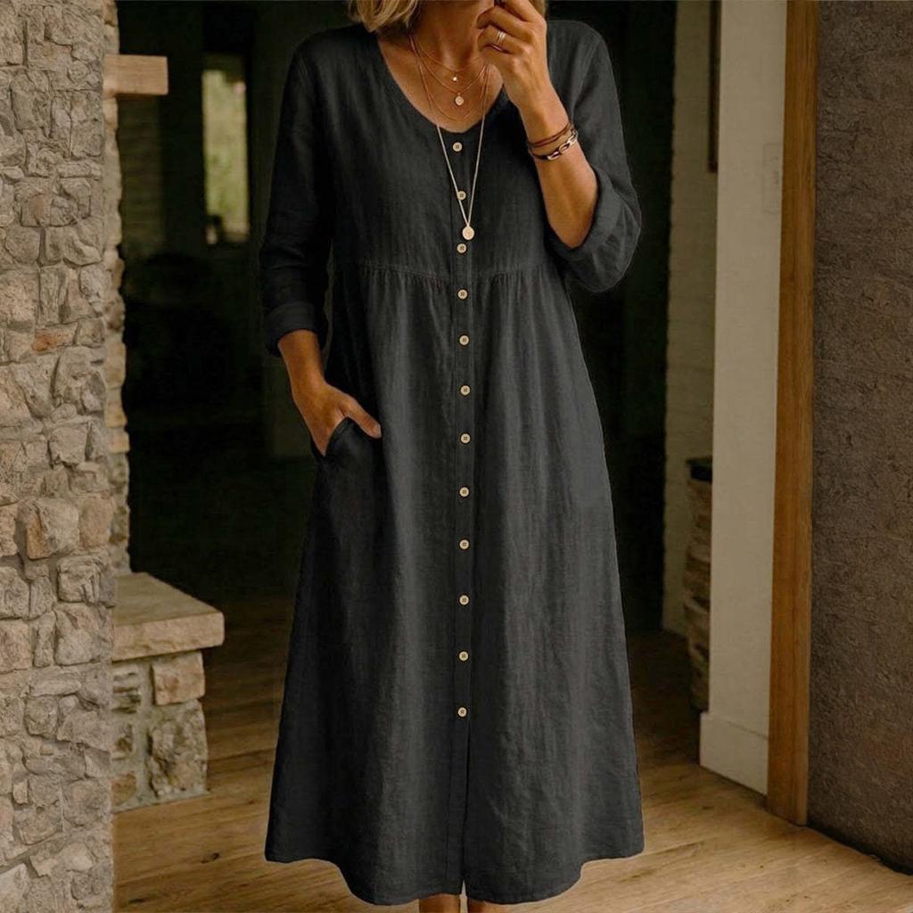 Abito midi da donna a maniche lunghe con bottoni in lino, vestibilità ampia, scollo a V, casual, tinta unita, con tasche, per uso quotidiano