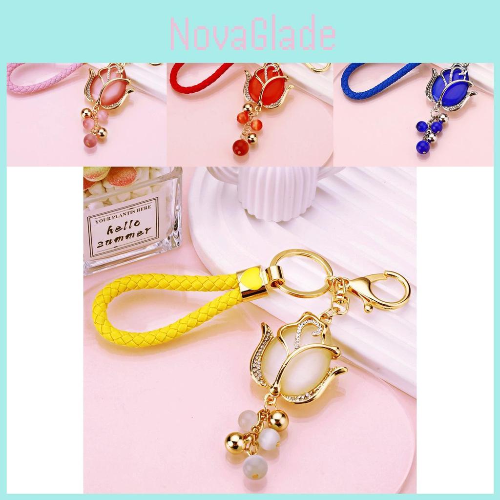 Charming Water Drill Moonstone Tulip Car Keychain For Women With Floral Design