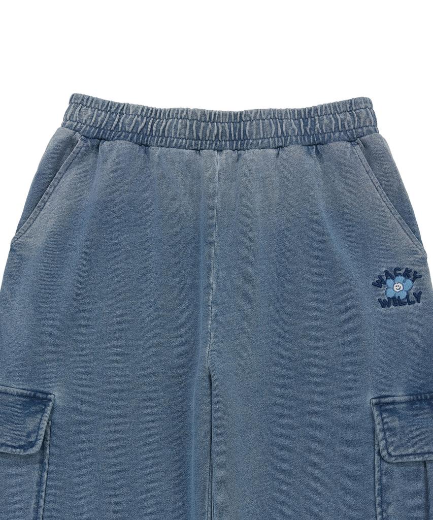 WACKY WILLY Women'S Washed Denim Semi-Wide Cargo Pants Blue