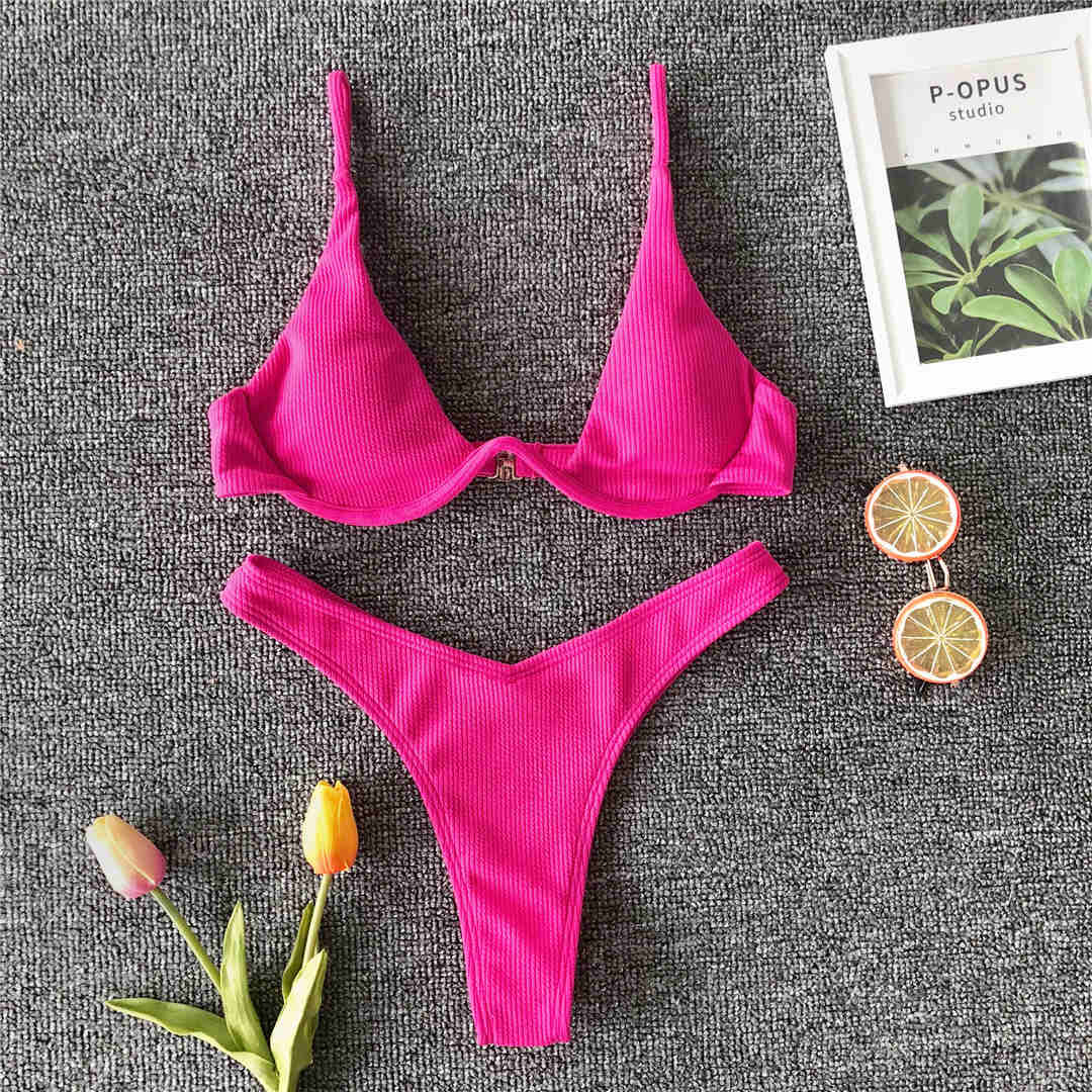 

мода V-образный косточки бикини женский купальник женский купальник бикини комплект V-образный ребристый купальный костюм S розовый