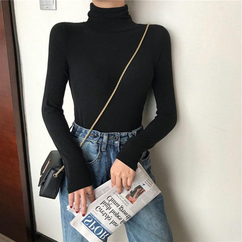 Women's Slim Fit Fleece High Neck T-Shirt - Korean Style Casual Long Sleeve Warm Top for Autumn and Winter 2025