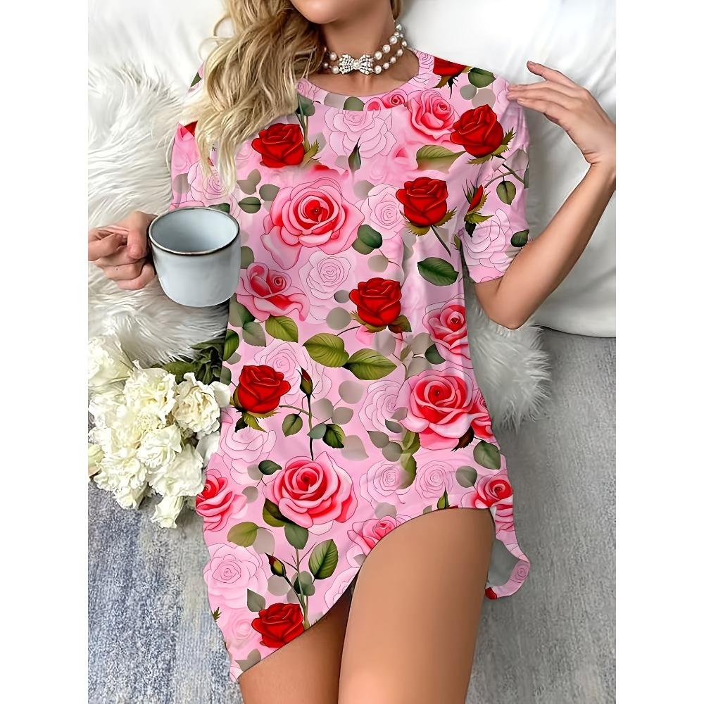 Women's Fashion Round Neck Color Block Floral Print Short Sleeve Mini Dress