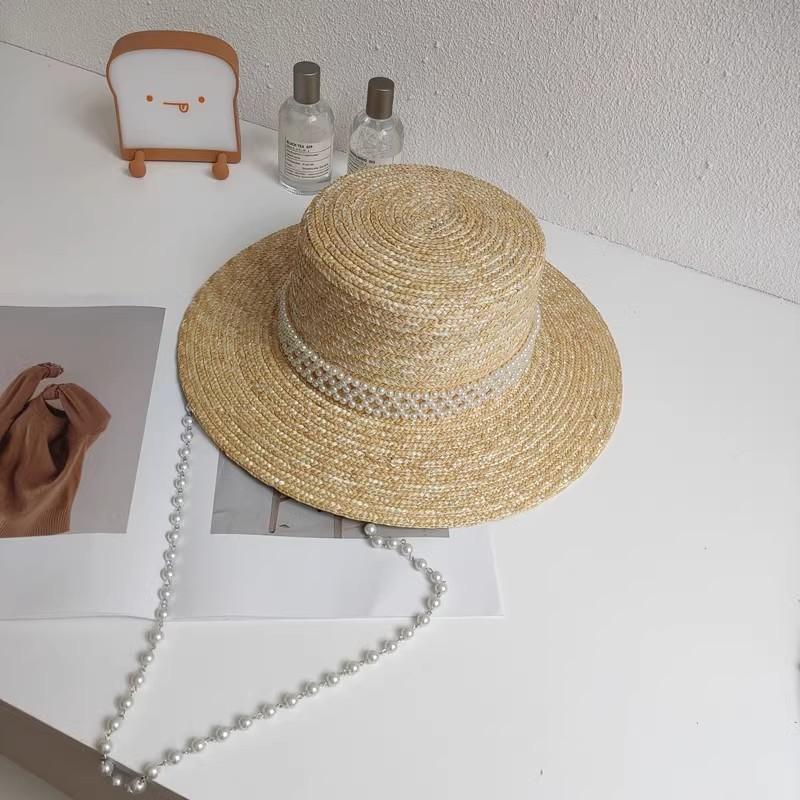 

202507-shi ins chic summer Handmade natural straw pearl chain sun protection lady fedoras cap women panama jazz hat head size 57cm