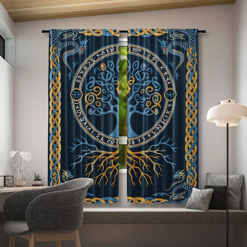 Set Of 2 Viking Tree Life Curtains Scandinavian Pirate Style Woven Polyester Pongee Semi Sheer Roller Embossing Mach Curtain With Room Darkening