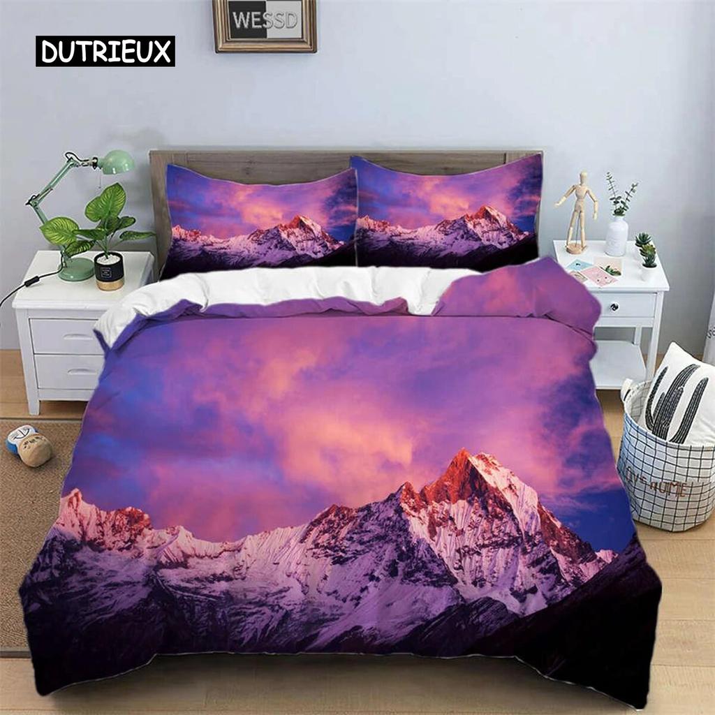 Snow Mountain Duvet Cover Set Polyester 3D Landscape Bedding Set for Teens Adults Ski Slope Winter Theme Q-Queens Comforter Cover Three-piece Set