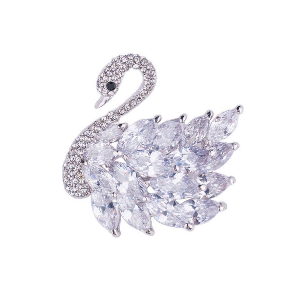 

Zircon Swan Brooch: Elegant European & American Fashion Corsage Pin for Women s Suits & Coats платиновий