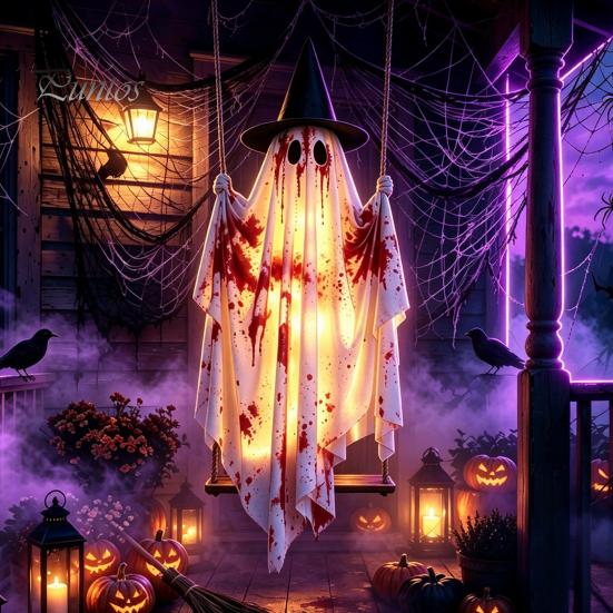 Front Porch Holiday Display Hanging Swing Ghost Halloween Decoration, Spooky Light Up Large Swinging Adjustable Cord with Blood Fabric for Yard