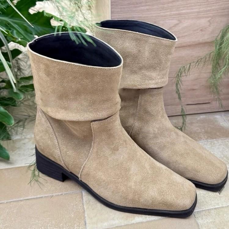 Sheepskin Version~ Korean Retro Square Head Push Boots Short Boots Women's 2025 New Thick Heel Western Cowboy Boots Martin Boots